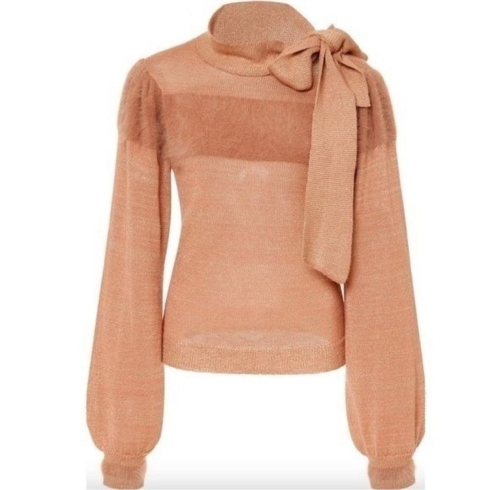 ULLA JOHNSON Fabia Genuine Angora Hair and Cashmere Sweater w/ Bow in Terracotta